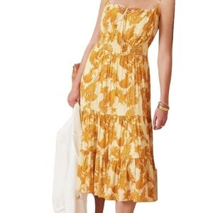 Mustard Yellow Orange Tiered Leaf Print Maxi Spaghetti Strap Dress Size S/M
